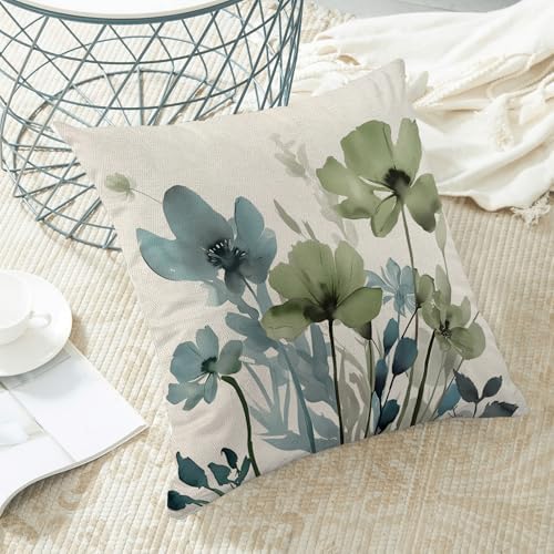 Spring Floral Pillow Covers 22x22 Inches Set of 2 Sage Green Blue