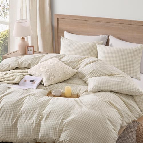 Andency Cream Gingham Duvet Cover Full, 100% Wash Cotton Bedding