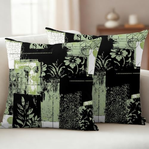 Sage Green Black Floral Leaves Decorative Throw Pillow Covers 18x18