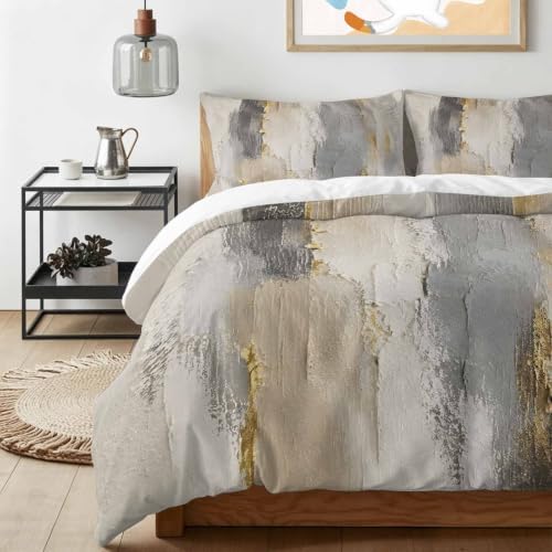 Textured Plaster Queen Duvet Cover Set, Minimalist Abstract Gray Beige