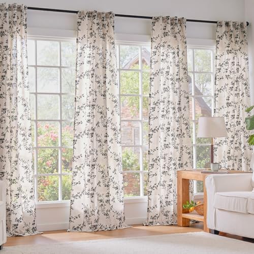 Lazzzy Black Vintage Floral Linen Curtains Farmhouse 38W X 63L 2