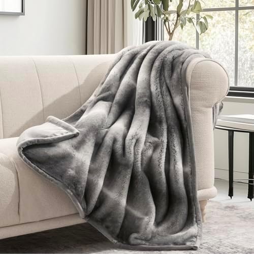 EVERGRACEHOME Mink Faux Fur Throw Blanket, Ombré Silver Onyx, 60"x80"