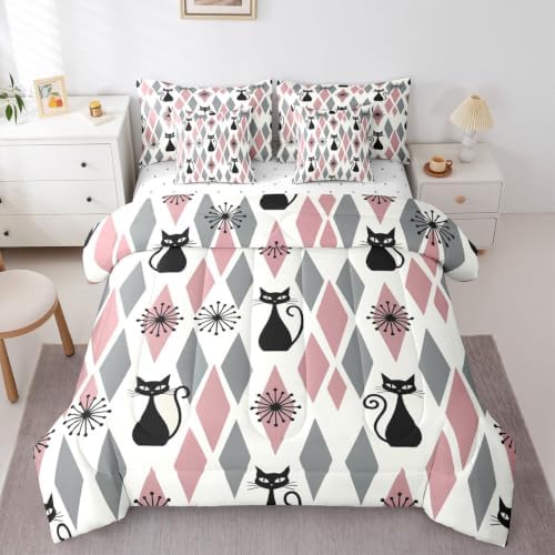 Manfei Black Cat Full Size Comforter Set,Geometric Rhombus Square
