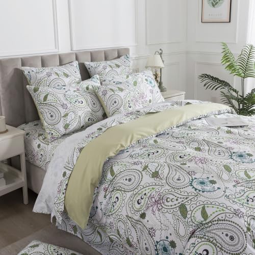 FADFAY Queen 100% Cotton Duvet Cover Set 3 Pieces Sage Green Paisley
