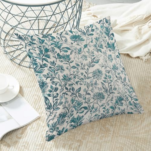 BETGINY Vintage Floral Pillow Covers 18x18 Inch 2 Pcs, Aqua Teal