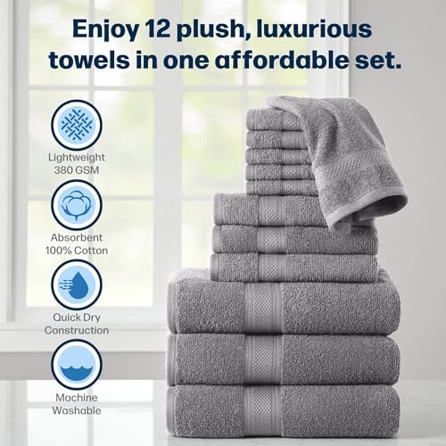 Stoneberry Home 12-Piece Set of Towels, Lightweight 380 GSM Cotton