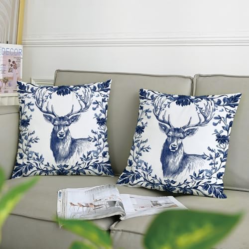 Navy Blue Deer Print Pillow Covers Set of 2, Floral Antler Throw