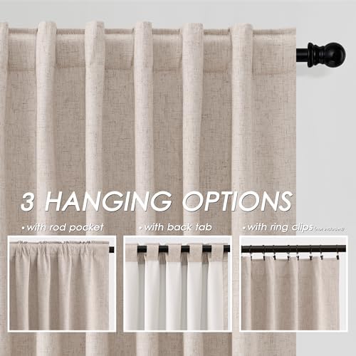 Oatmeal Linen 100% Black Out Curtains 108 Inches Long 2 Panels Set for