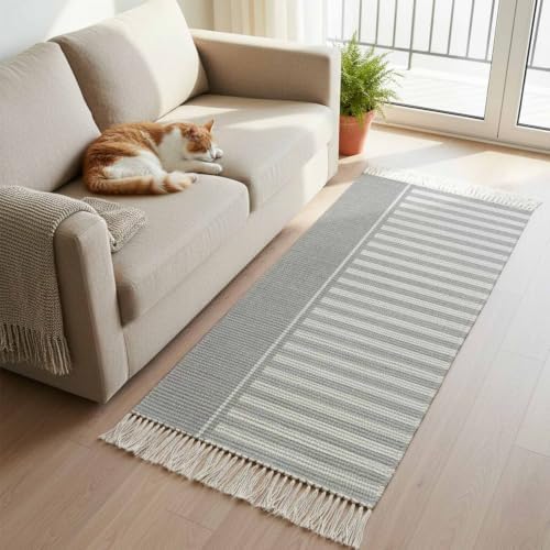 Gray Striped Hallway Runner Rug 2'x5', Boho Stripes Minimalist Vintage