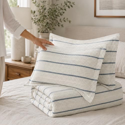 Levtex Home - Waffle Stripe Blue Duvet Set - King Duvet (106x94in) and