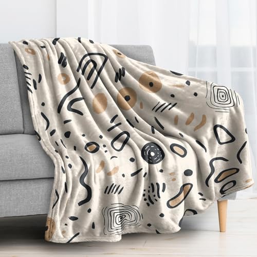 Neutral Abstract Blanket King Size, Beige Boho Fleece Throw Blanket