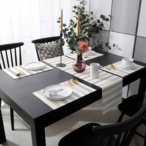 Modern Art Table Runner and Placemats Set of 6 Gray Beige Stripes