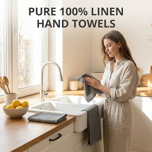 100% Linen Hand Towels 2-Pack - 14x28-inch Thin Waffle Weave