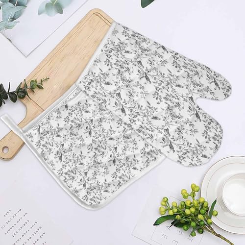 Quilted Cotton Terry Cloth Oven Mitt, Pot Holder Grey Birds Branch