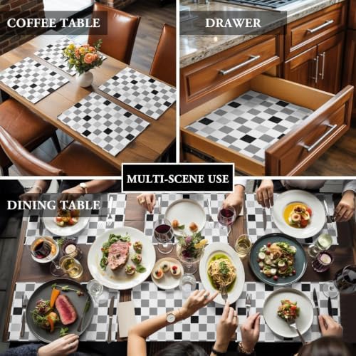 Grey Plaid Placemats Set of 8, Cotton Linen Fabric Place Mats, Modern
