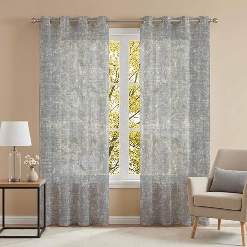 Gray Beige Linen Textured Sheer Curtains 63 Inch Long 2 Panels
