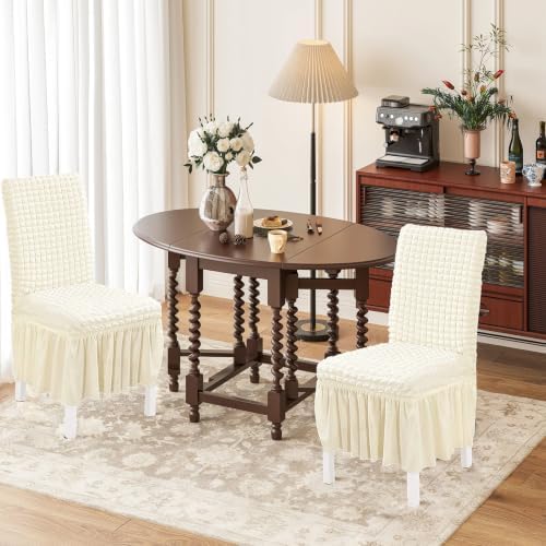 6 Pack Stretch Elastic Dining Chair Covers with Skirt, Washable, Ivory