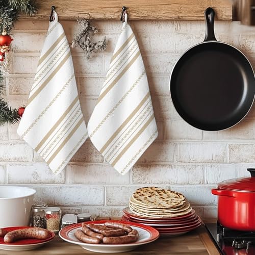 Beige Vertical Stripes Kitchen Towels Set of 3, Absorbent Dish Towels