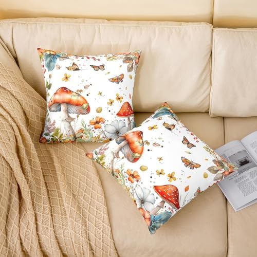 Red Mushroom Pack of 2 Pillow Covers,Jungle Botanical Plants Flowers