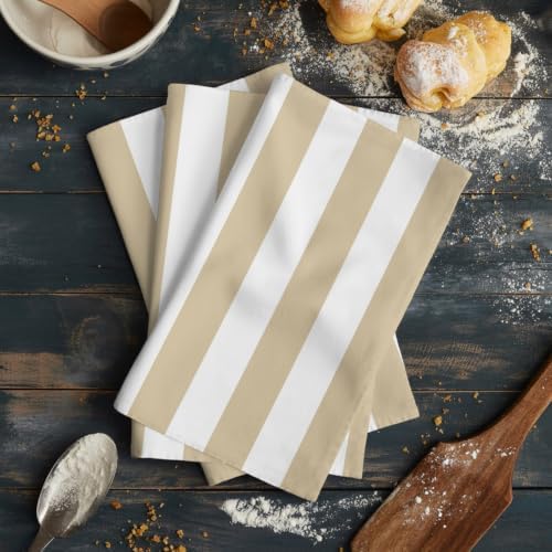 Beige White Striped Kitchen Towels Set of 3, Water Absorbent Dish