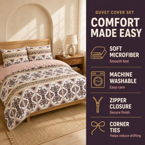 DaDa Bedding Reversible Burgundy Duvet Cover Set, Blush Pink Boho