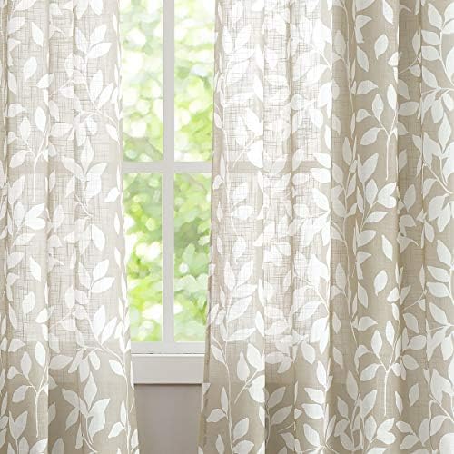 Leaf Print Semi Sheer Curtains 52x95" Taupe White Bedroom Window