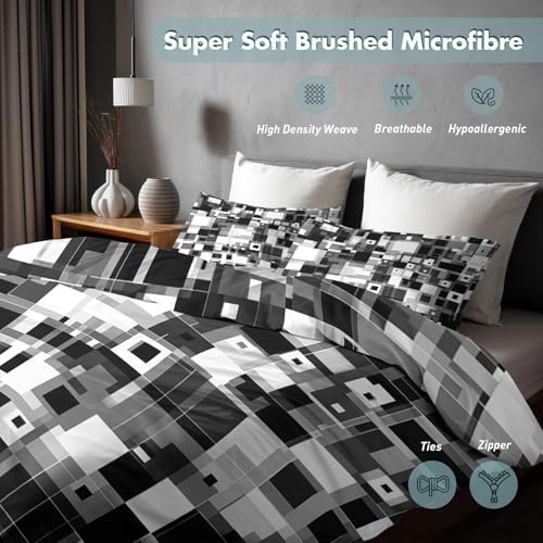 Geometric Duvet Cover Queen Size, Modern Abstract Grey Reversible