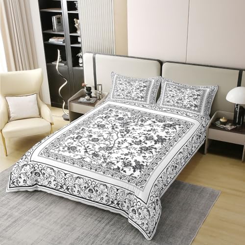 jejeloiu Floral Duvet Cover 100% Cotton Queen Size Gray Flowers