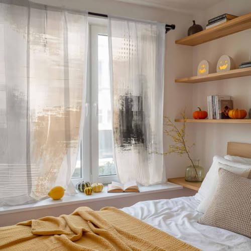 Brown Black Abstract Sheer Curtains 72 Inches Long, Modern Gradient