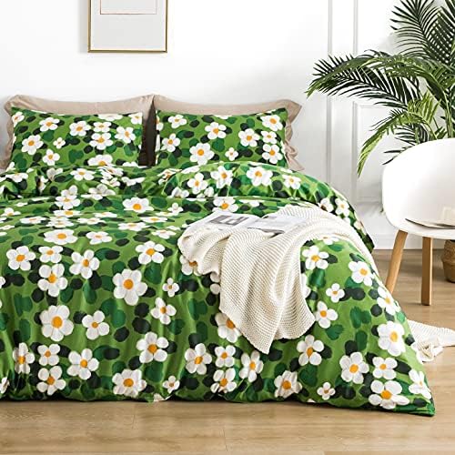 YuHeGuoJi Green Watercolor Floral Duvet Cover Queen 100% Cotton 3 Pcs