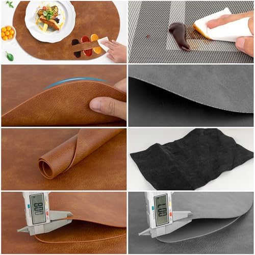 ADRIMER Oval Placemats Set of 6, Wipeable Faux Leather, Turmeric Brown