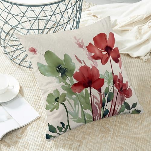 Floral Pillow Covers 18x18 Inches Set of 2 Sage Green Burgundy Red