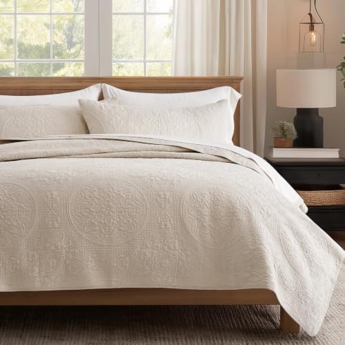 EverGrace 100% Cotton Medallion Stitch Quilt Set, King Size, Birch