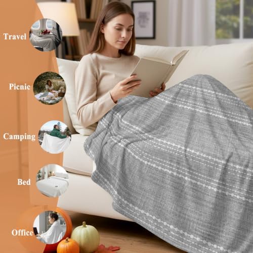 Flannel Fleece Blanket 60" x 80", Grey Stripe Microfiber Cozy Soft