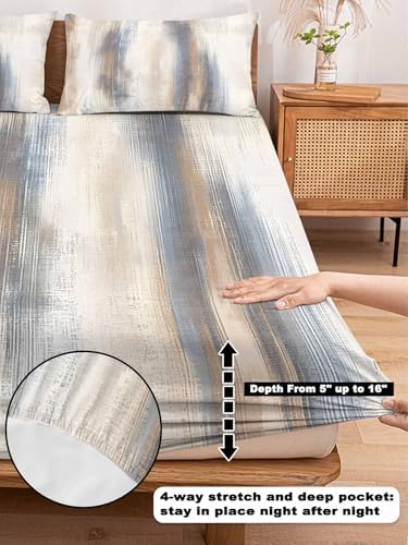 Beige Gray Twin XL Fitted Sheet Set, Abstract Grunge Mottled Neutral