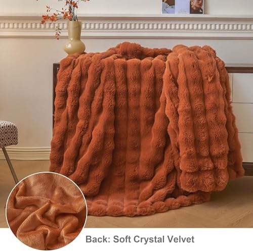 LIFEREVO Luxury Fluffy Faux Rabbit Fur Throw Blanket 60x80, Burnt
