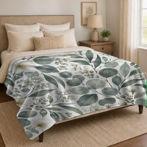 Grey Floral Eucalyptus Leaves Print Throw Blanket, Soft Lightweight