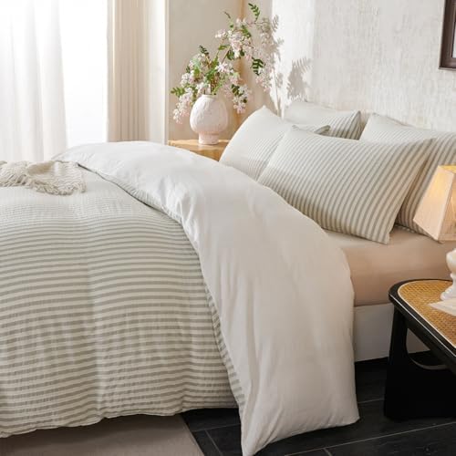 Duvet Cover Set Queen Striped Sage Green, 100% Washed Cotton Jacquard