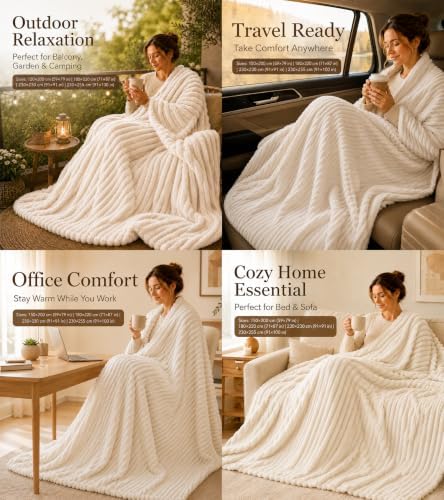 Cream Ribbed Soft Cozy Throw Blanket for Couch Sofa Livingroom