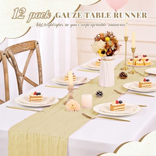 Pesonlook 12 Pack Beige Cheesecloth Table Runner Long,17.7×108 Inch