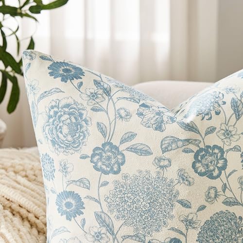 Botanical Throw Pillow Covers Set of 2, 22x22 Inch Light Blue