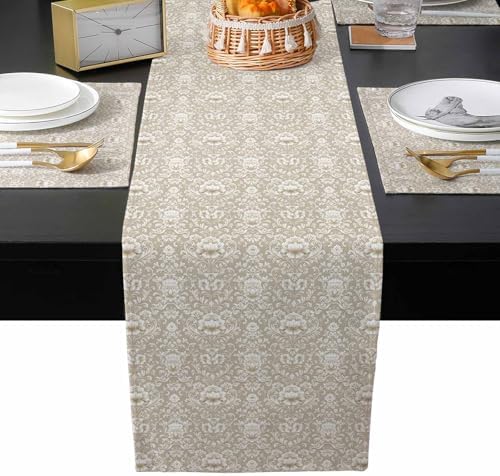 Beige Damask Table Runner and Placemats for Dining Tables,Burlap