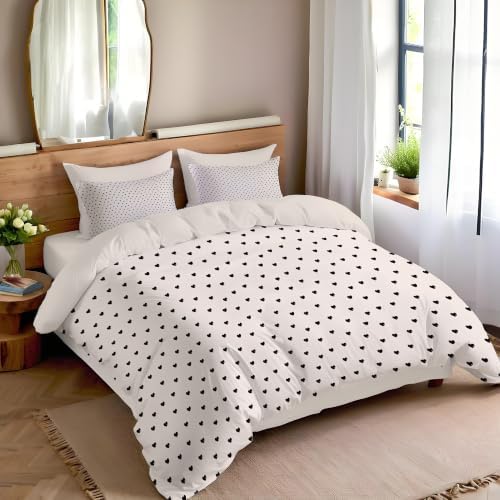Beige Simple Black Heart Duvet Cover Set for Women Girls 3 Pcs Cute