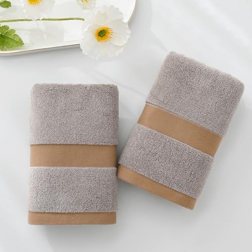 YiLUOMO Brown Hand Towel Set of 2 with Classic Woven Band Soft 100%