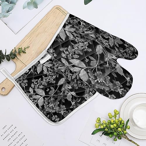 Quilted Cotton Terry Cloth Oven Mitt, Pot Holder Grey Floral Leaves