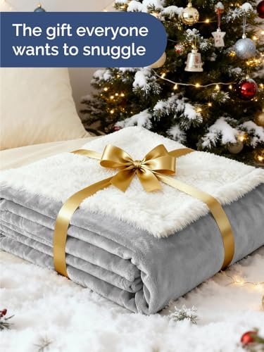 Sherpa Fleece Blanket Queen Size - Reversible Blanket - Grey, 90" x