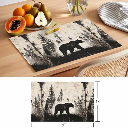 Placemats Set of 8, Black Beige Rustic Bear Woven Placemat, Linen