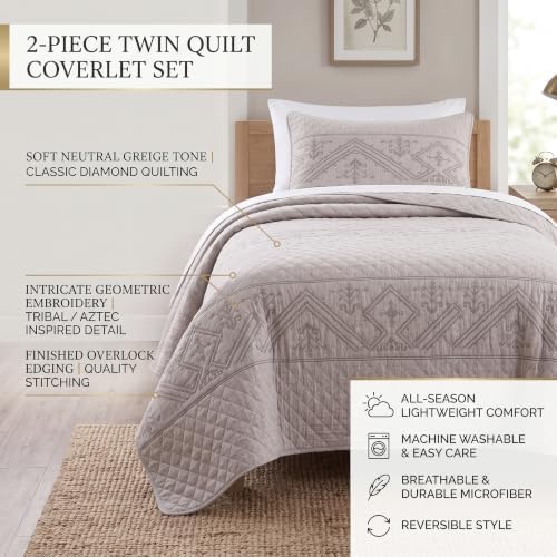 DaDa Bedding Twin 2-Piece Quilt Set, Heather Grey Embroidered