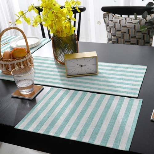 Light Teal Stripes Table Runner and Placemats Set of 4 Modern