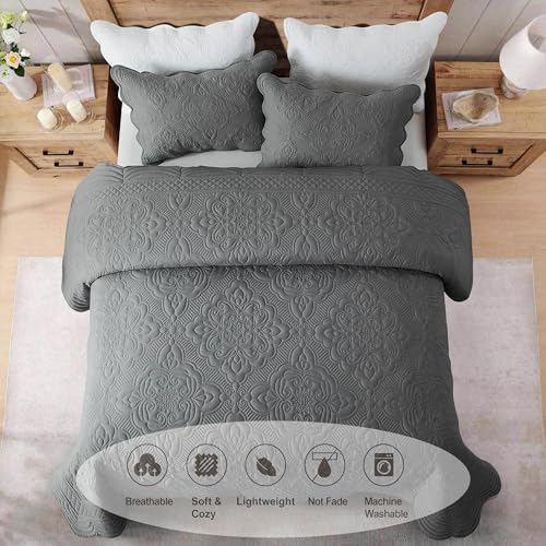 meadow park Embroidered Bedspread Set King Size - 3 Pieces, Washed